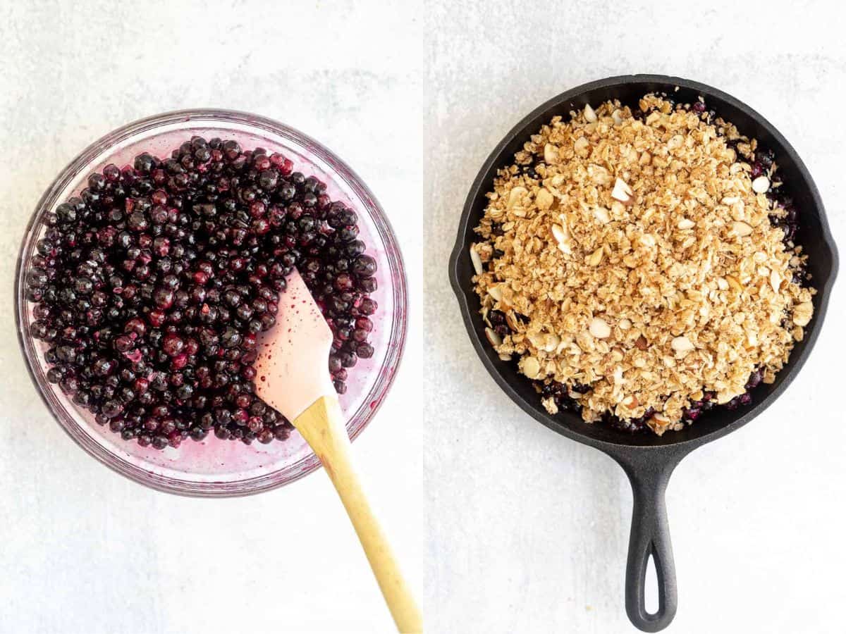 two images showing how to make the blueberry crisp