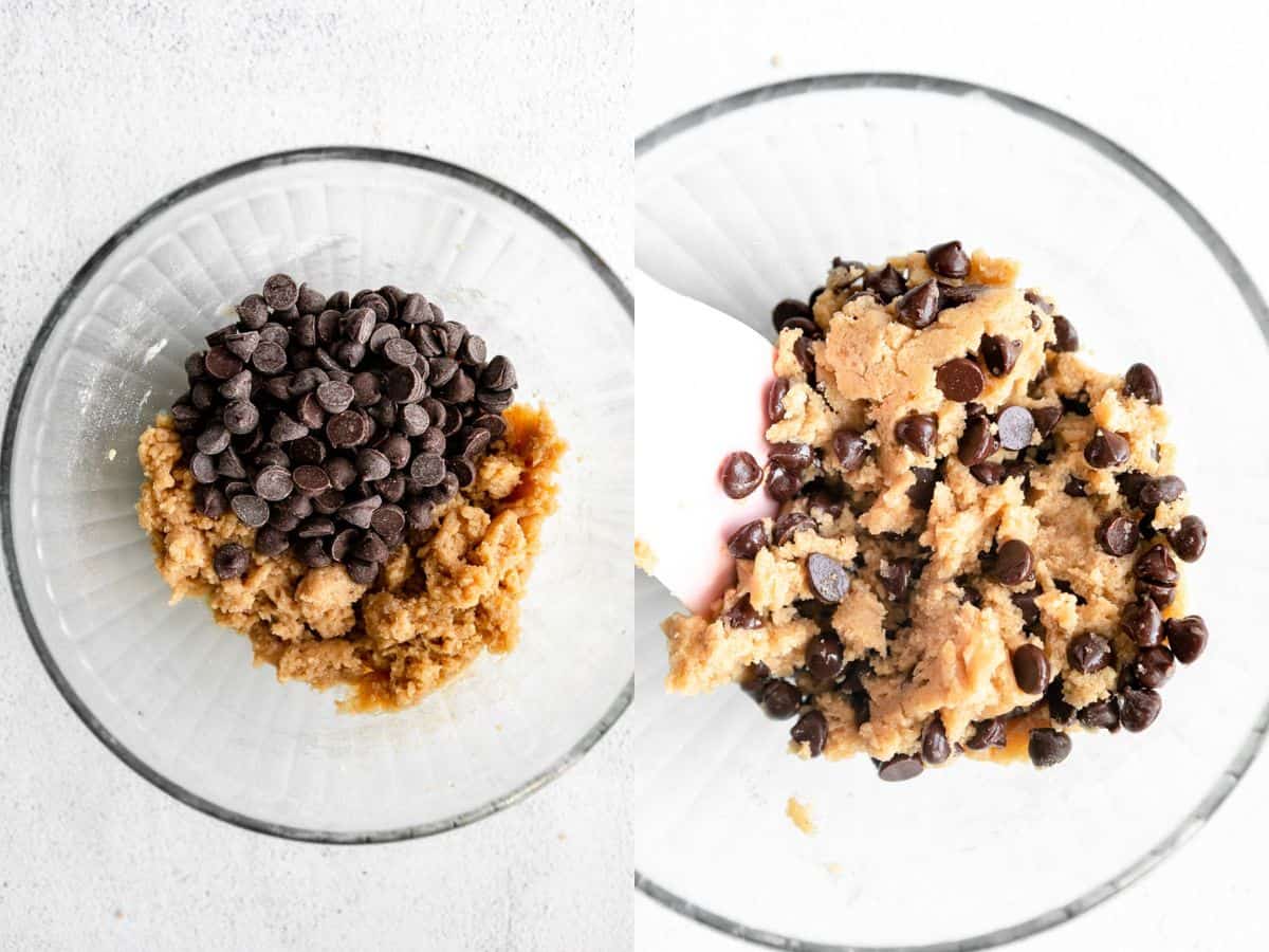 two images showing how to make the dough with the chocolate chips