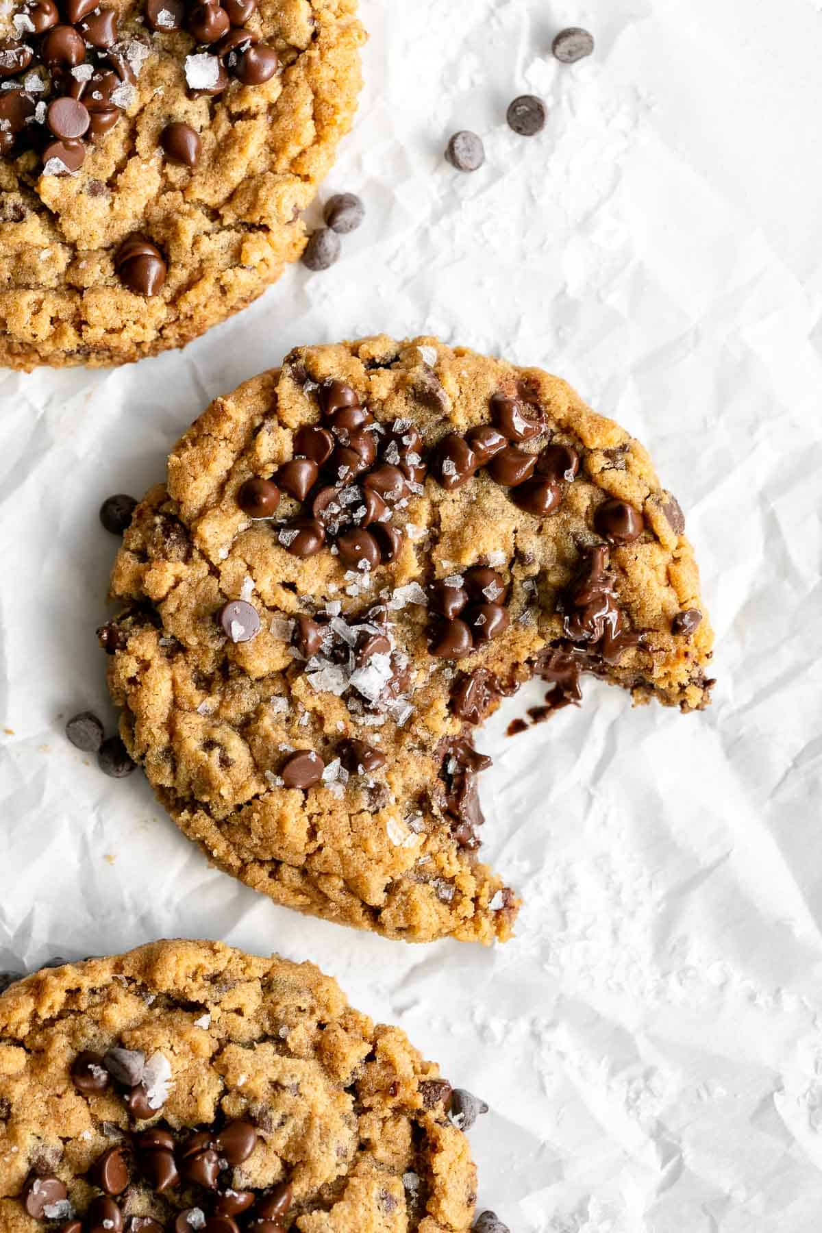 gluten free peanut butter chocolate chip cookies with a bite taken out