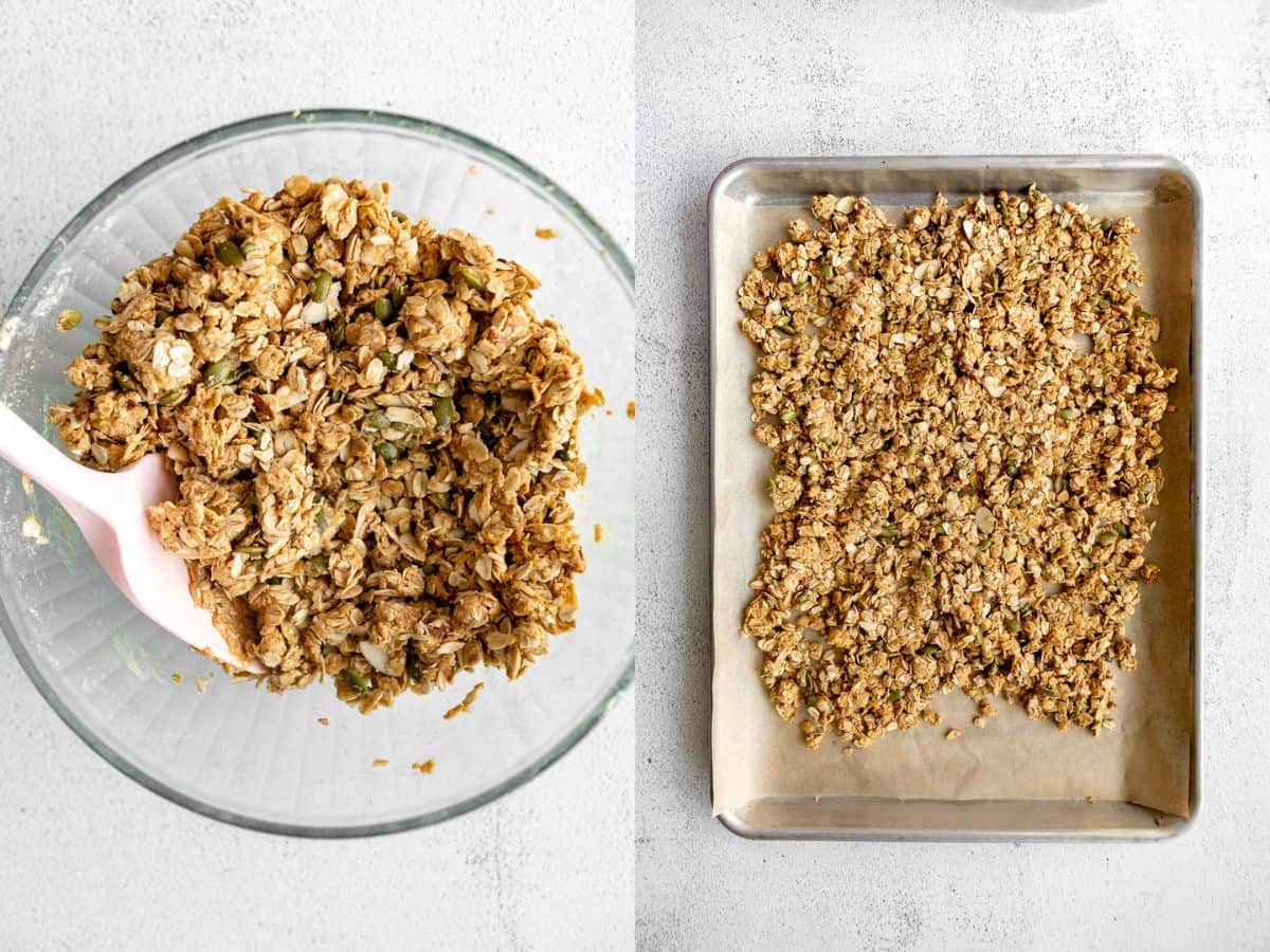 two images showing the process of making the granola