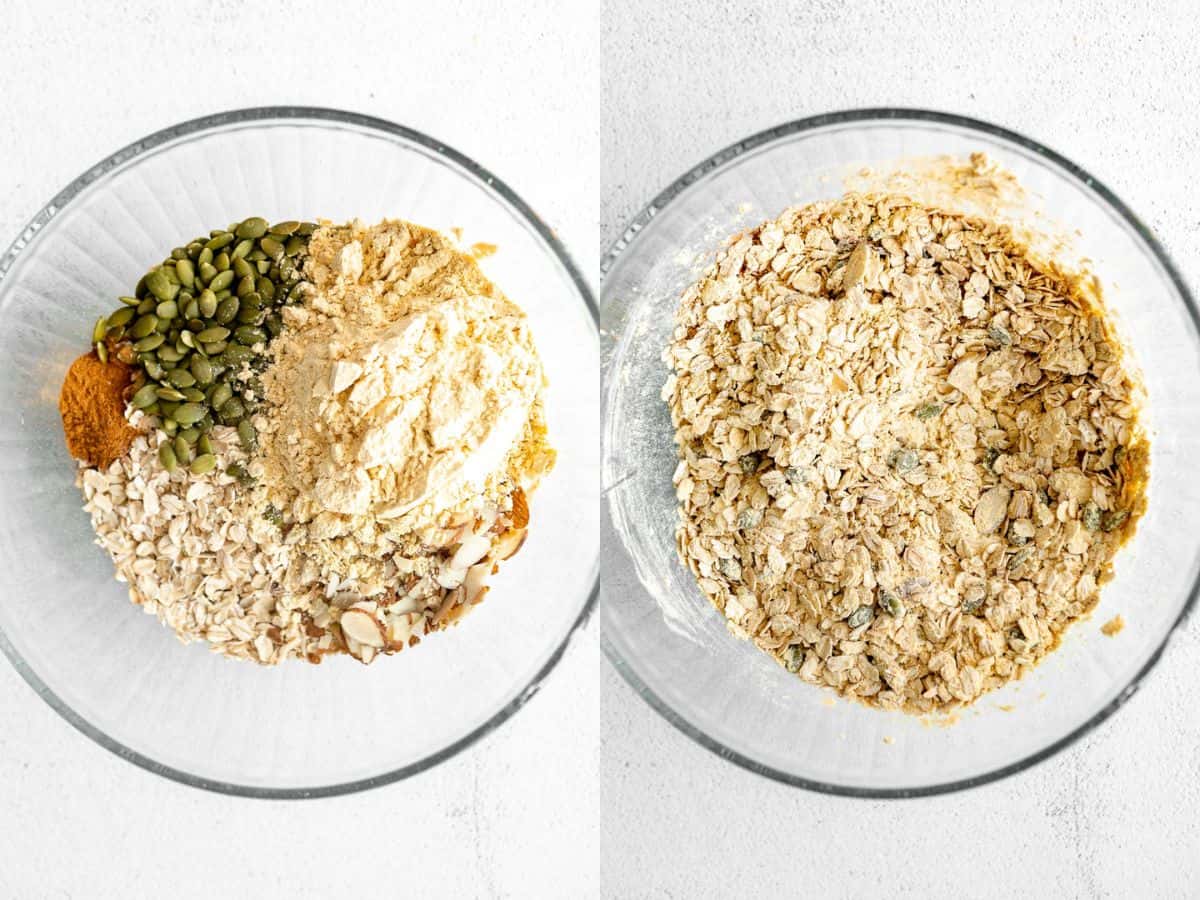 two images of the dry ingredients mixing together