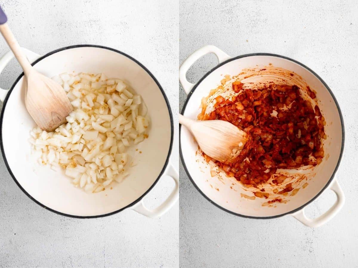 two images of the onion sauteing