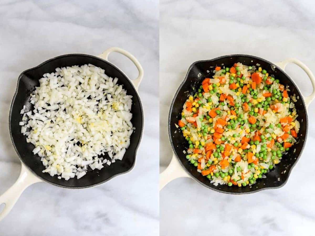 Step by step photos showing how to make the fried rice.