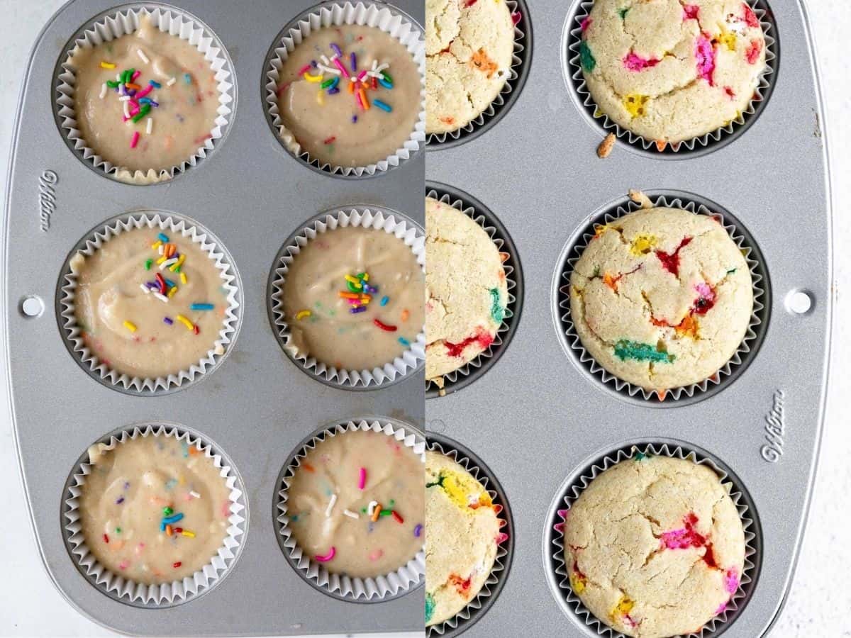vegan funfetti cupcakes in the cupcake tray