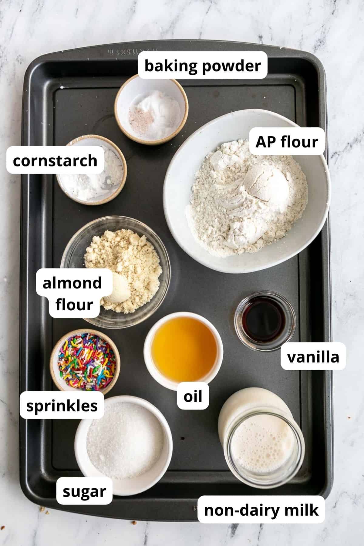 ingredients for the recipes in bowls with labels