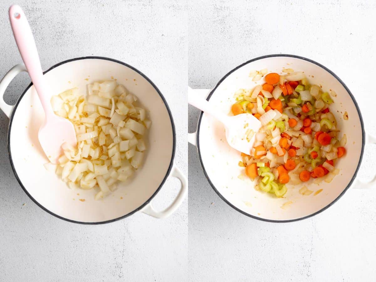 two images showing how to make the sauce in a pot