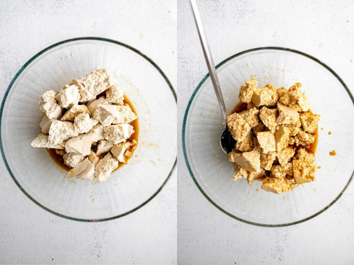 two images of the tofu marinating