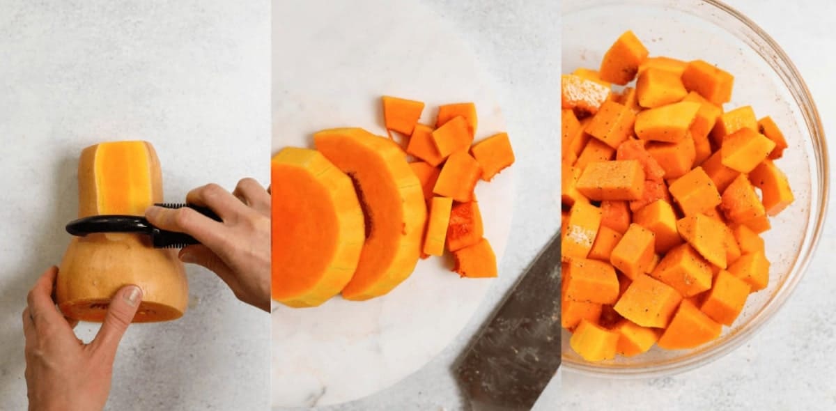 Showing how to cube butternut squash