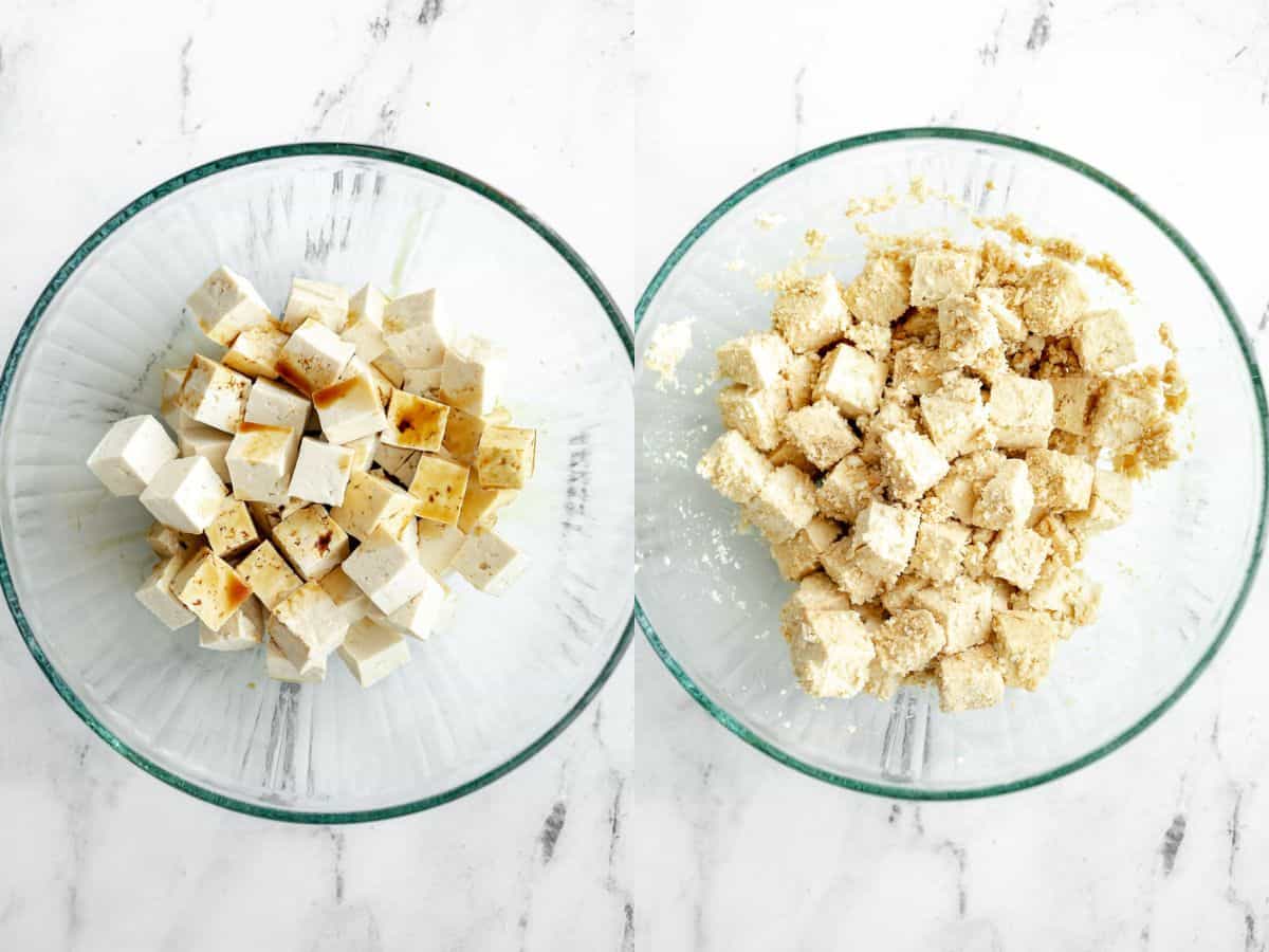 two images showing how to marinate the tofu