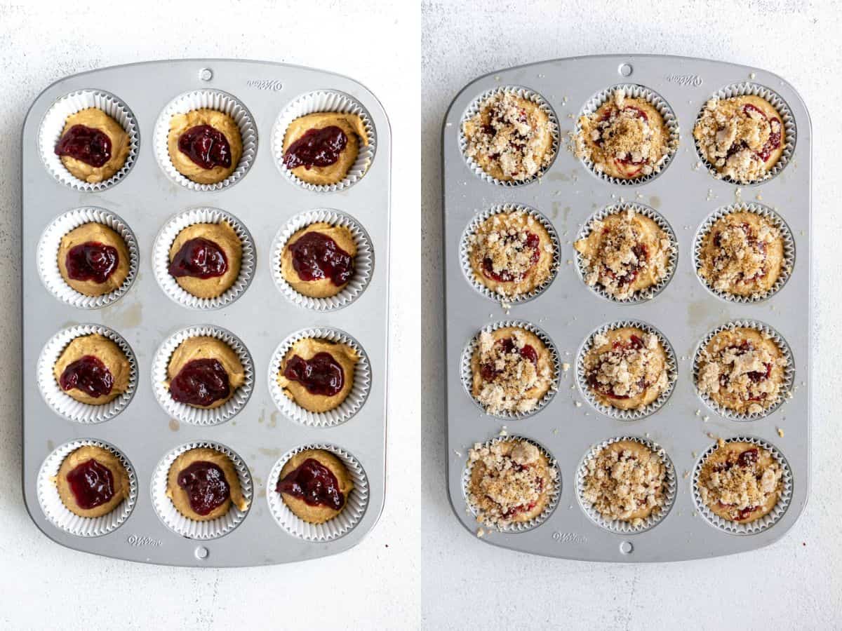 two images showing how to swirl the jam into the muffins