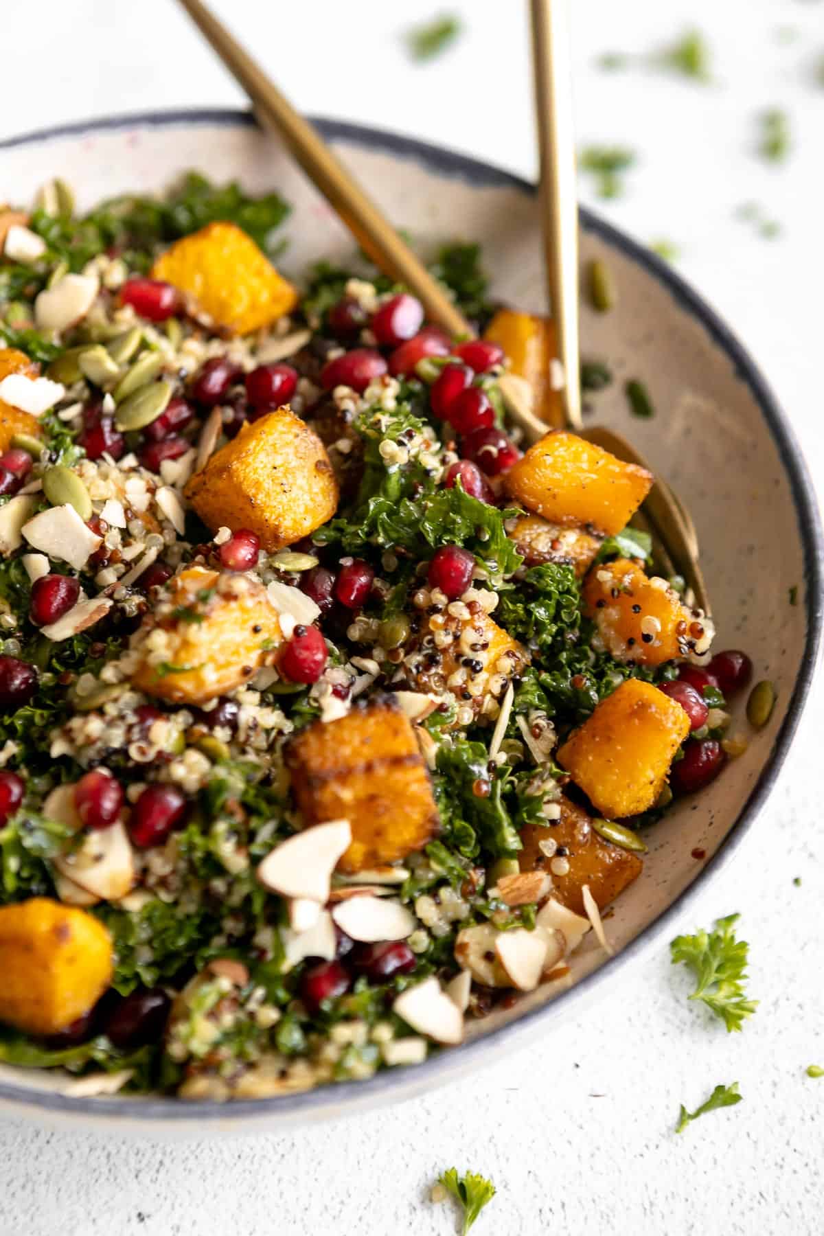 butternut squash salad with kale, quinoa and pomegranate 