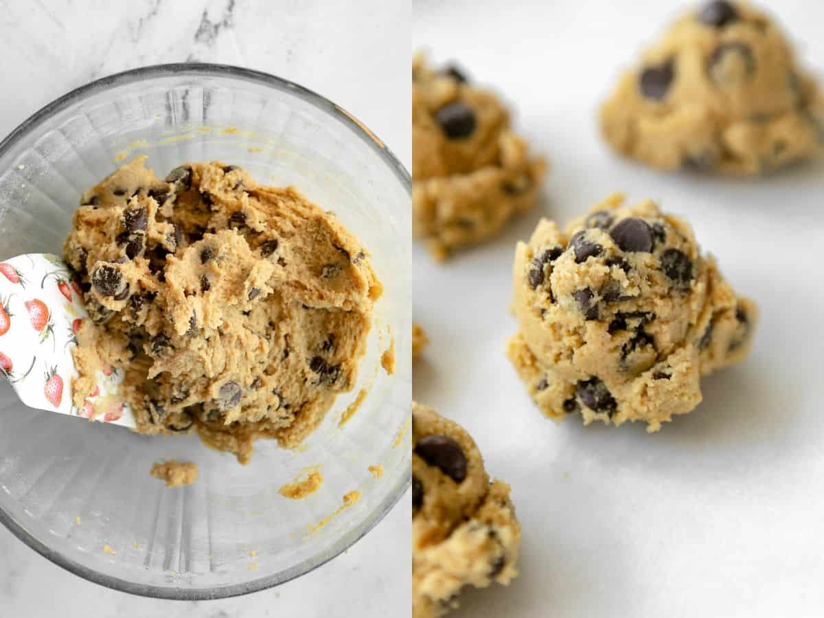 two images of the cookie dough with chocolate chips