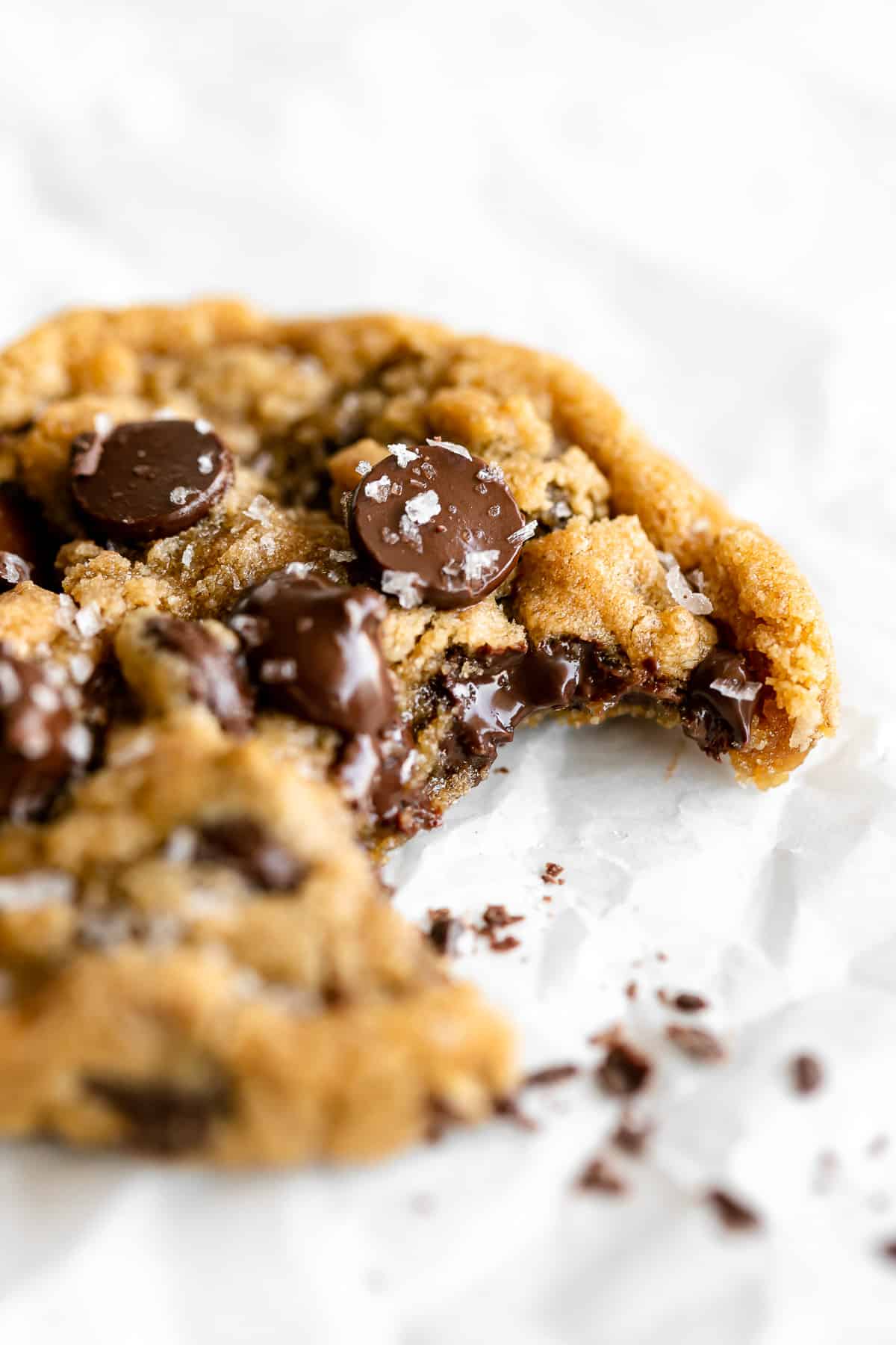 up close image of the small batch chocolate chip cookies with melted chocolate
