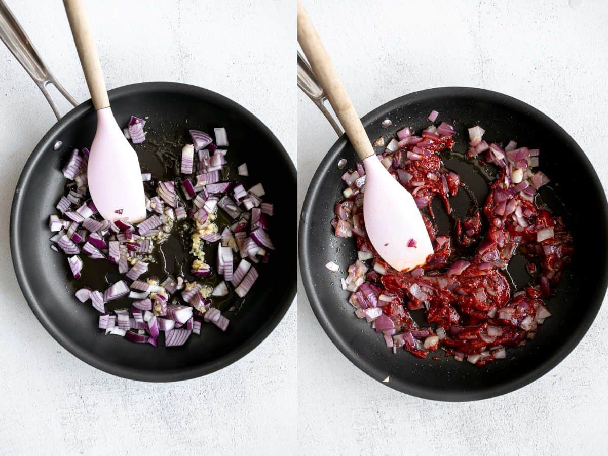 two images showing the veggies sauteeing