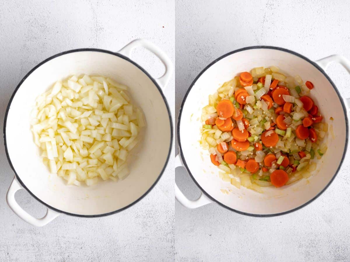 two images showing the veggies sauteeing
