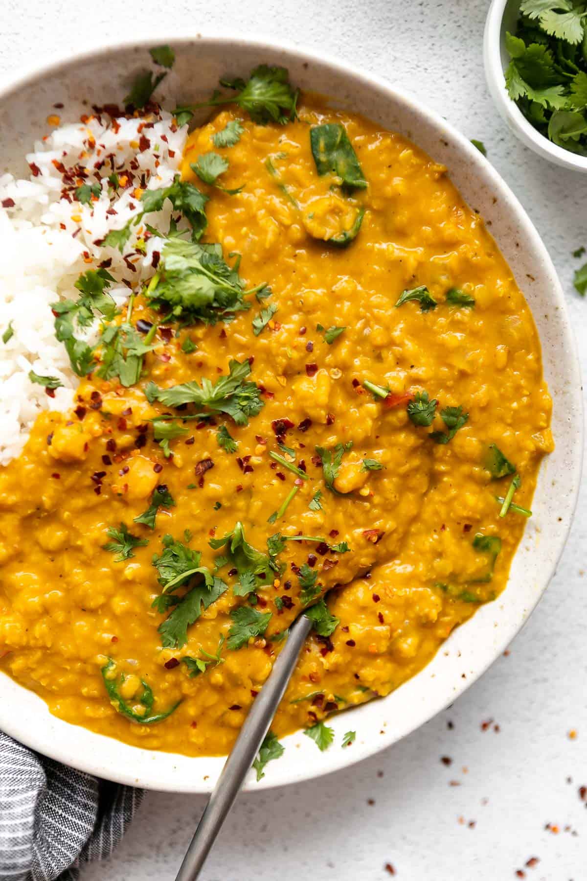 vegan red lentil dahl in a bowl with cilantro on top