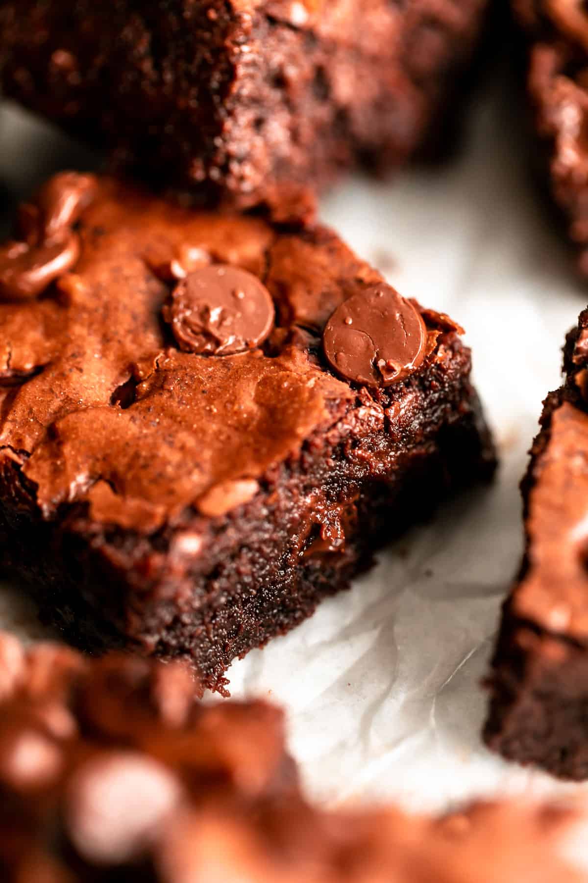 side view of the dairy free brownies to show fudgy texture