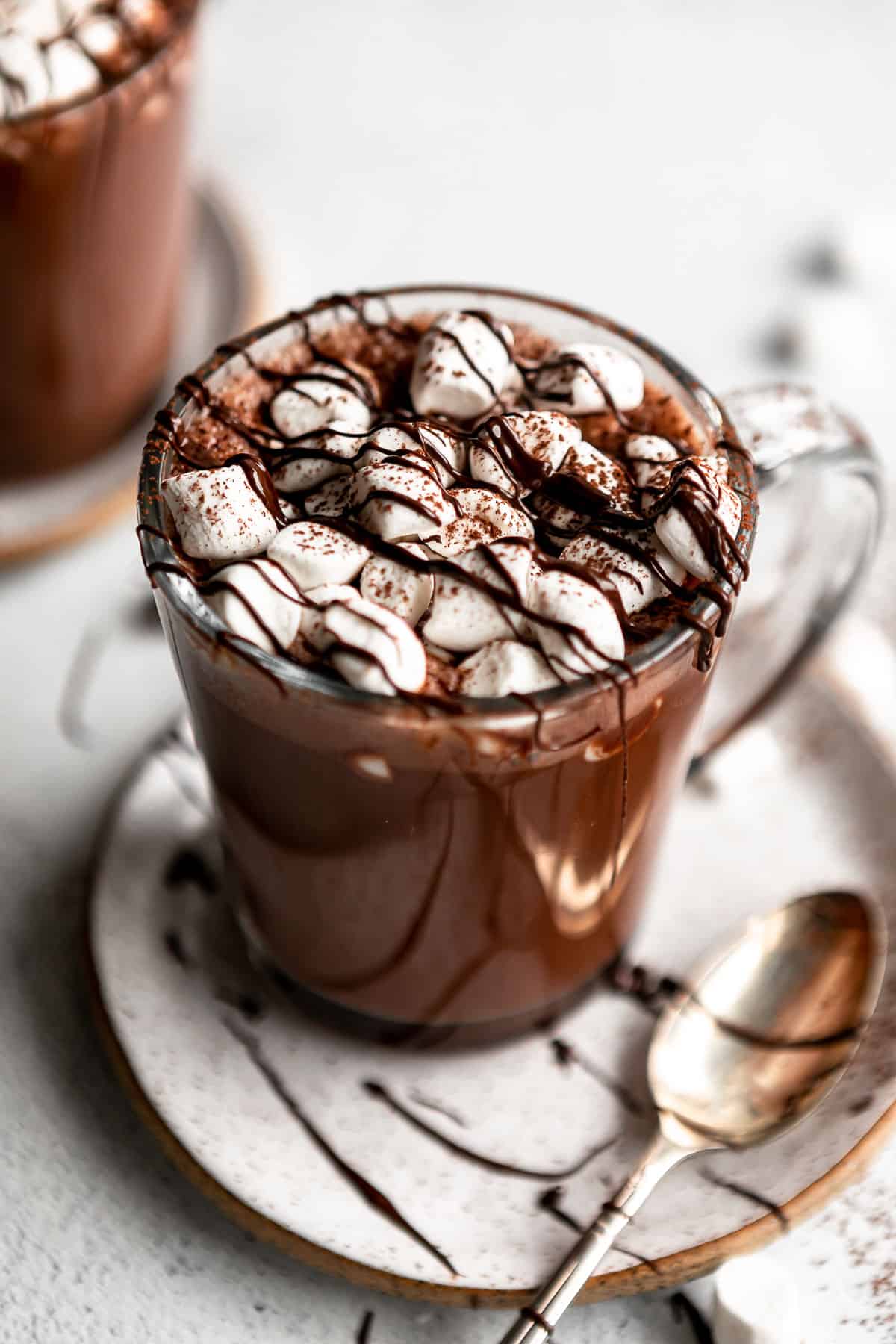 vegan hot chocolate on a plate with melted chocolate
