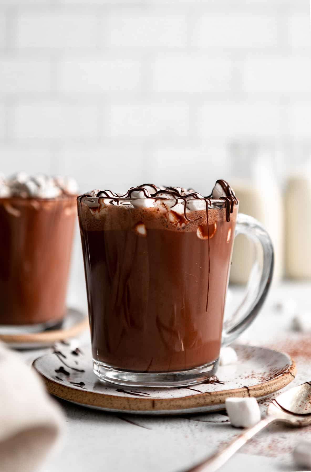 vegan hot chocolate in a mug with marshmallows