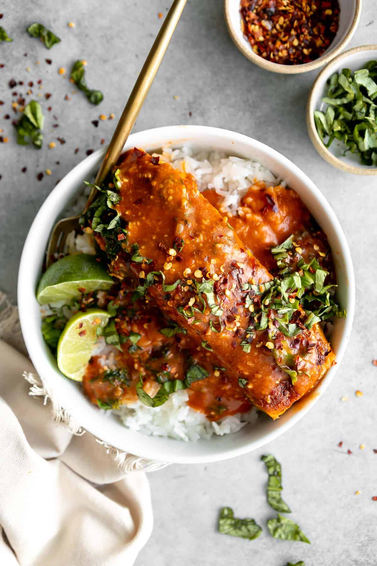 Thai coconut salmon curry with white rice and basil 