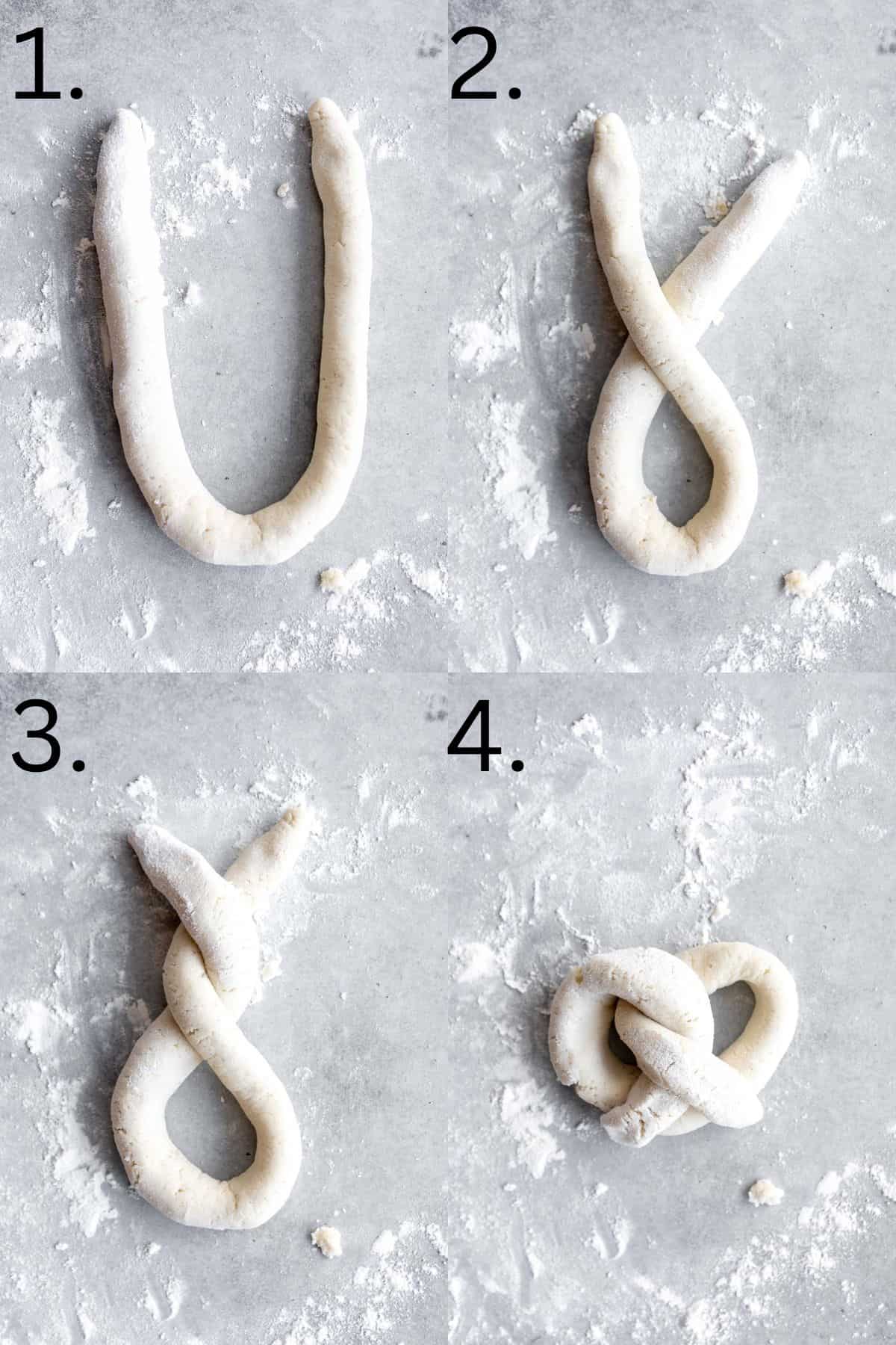 four images showing how to shape the pretzels