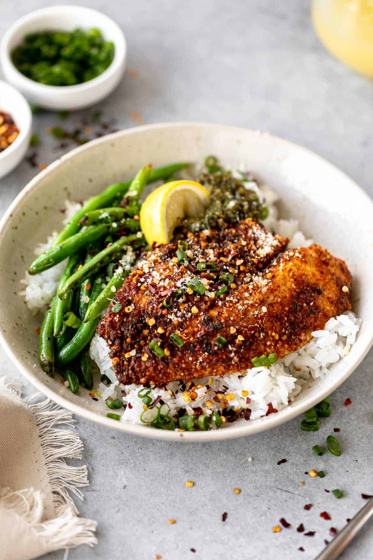 air fryer parmesan tilapia with green beans and rice