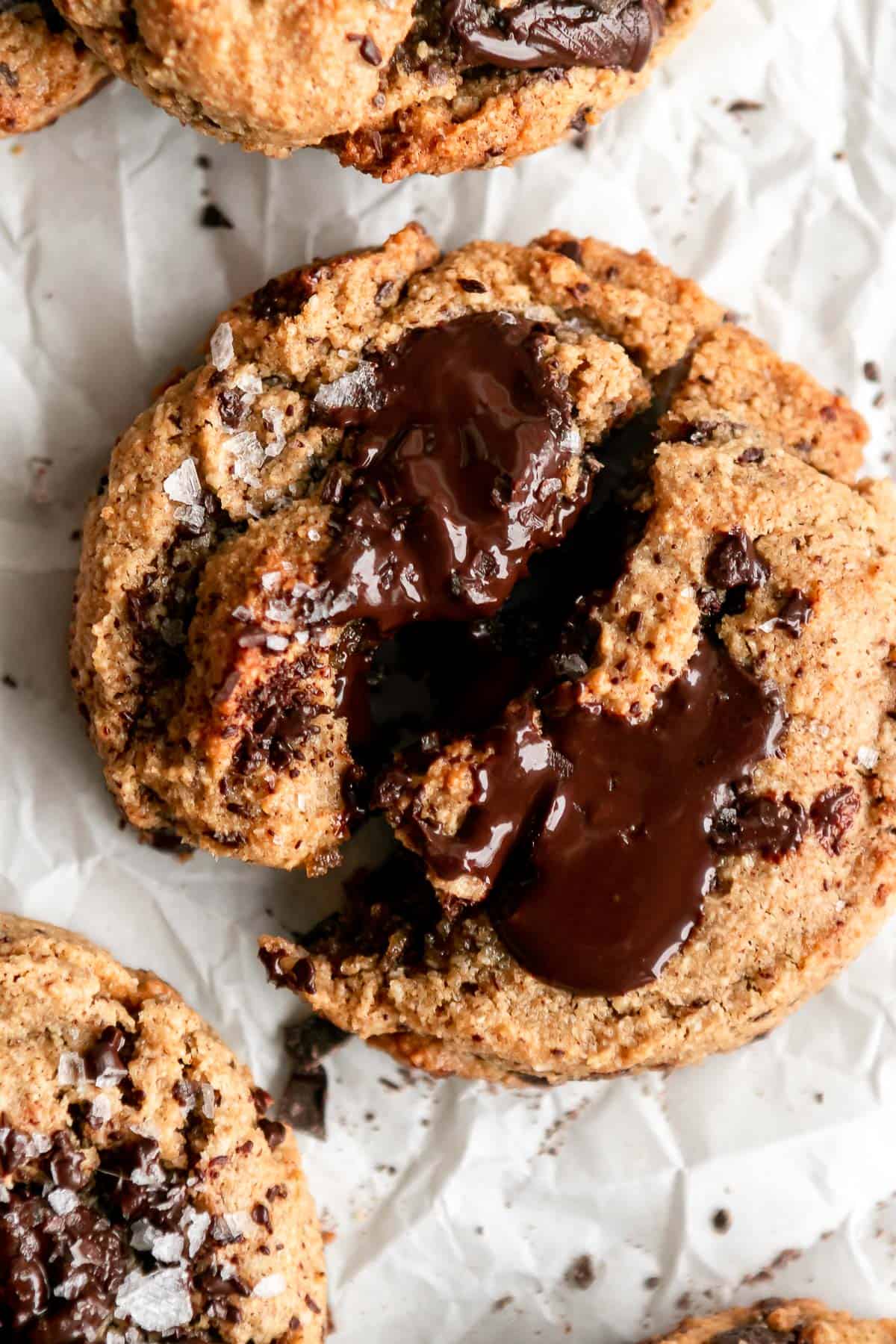 cookie ripped in half with melted chocolate