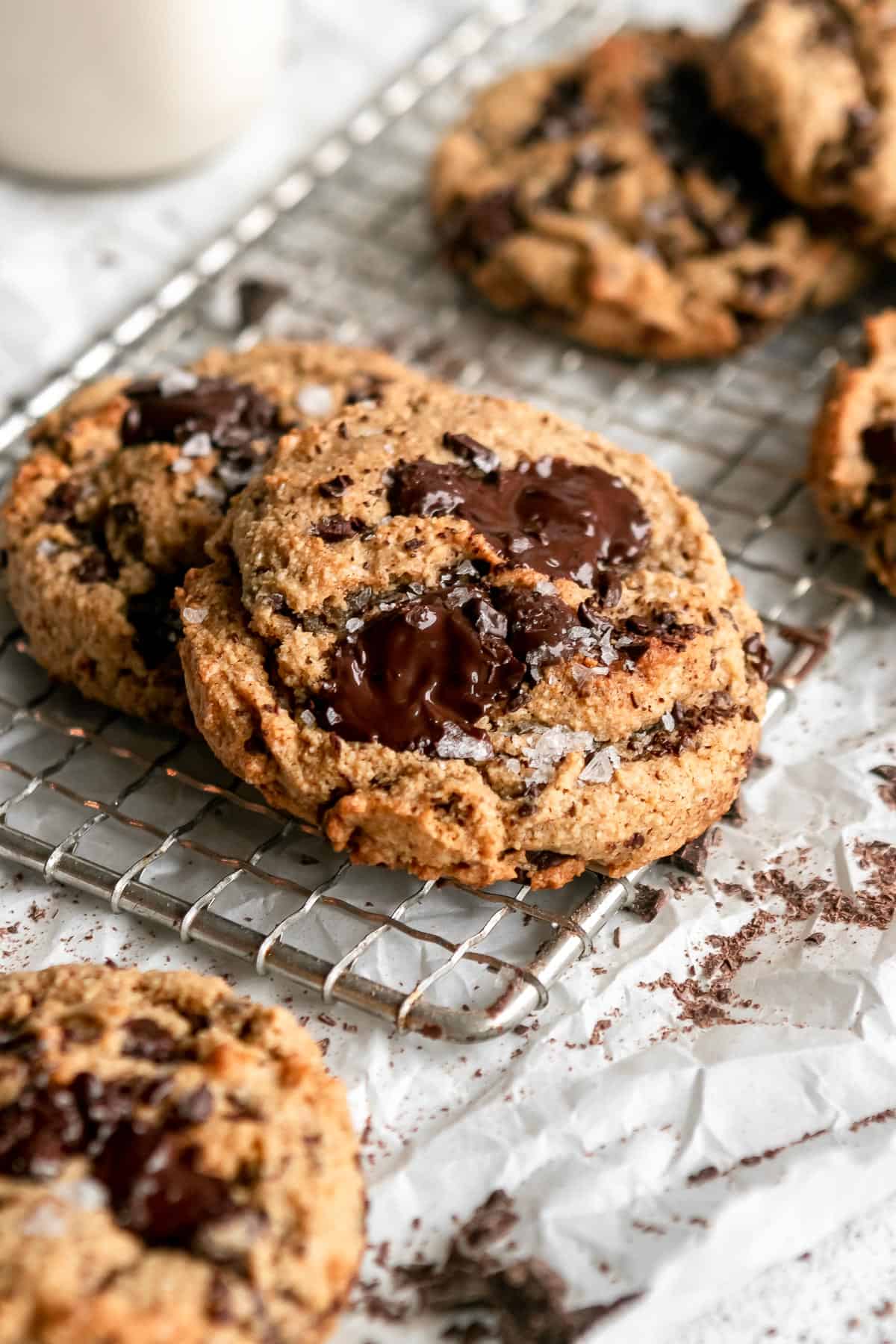 paleo almond flour chocolate chip cookies on a wire rack
