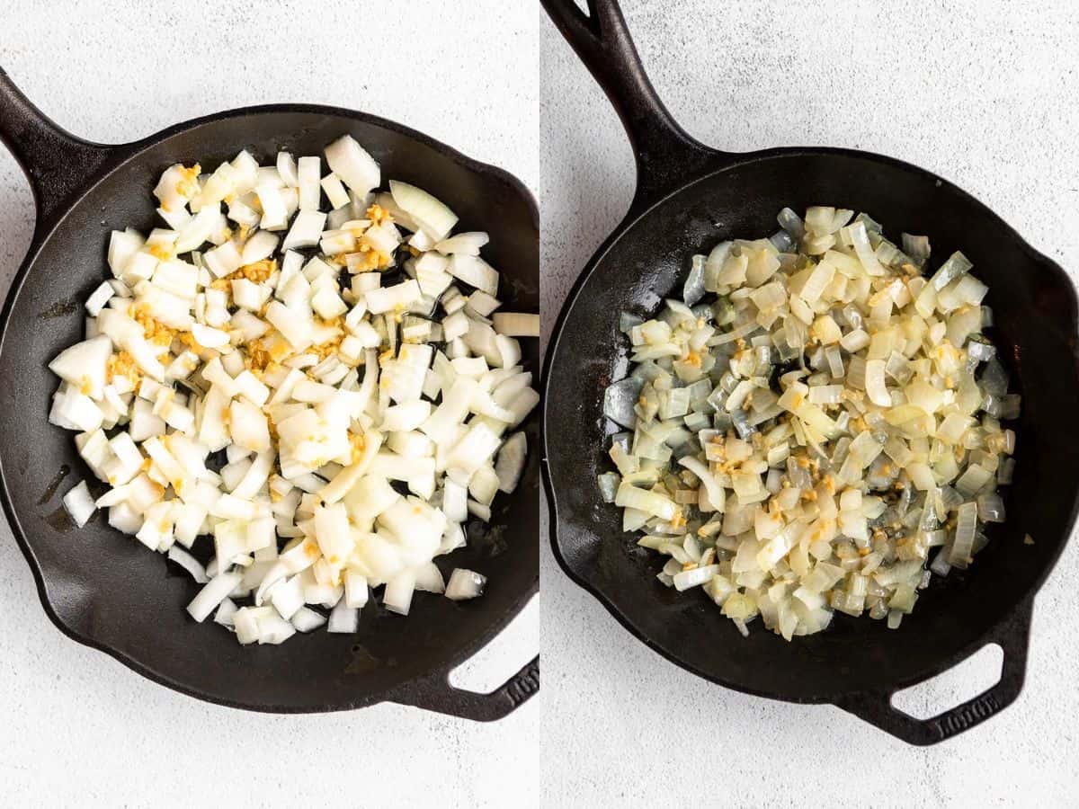two images of the onion sauteeing
