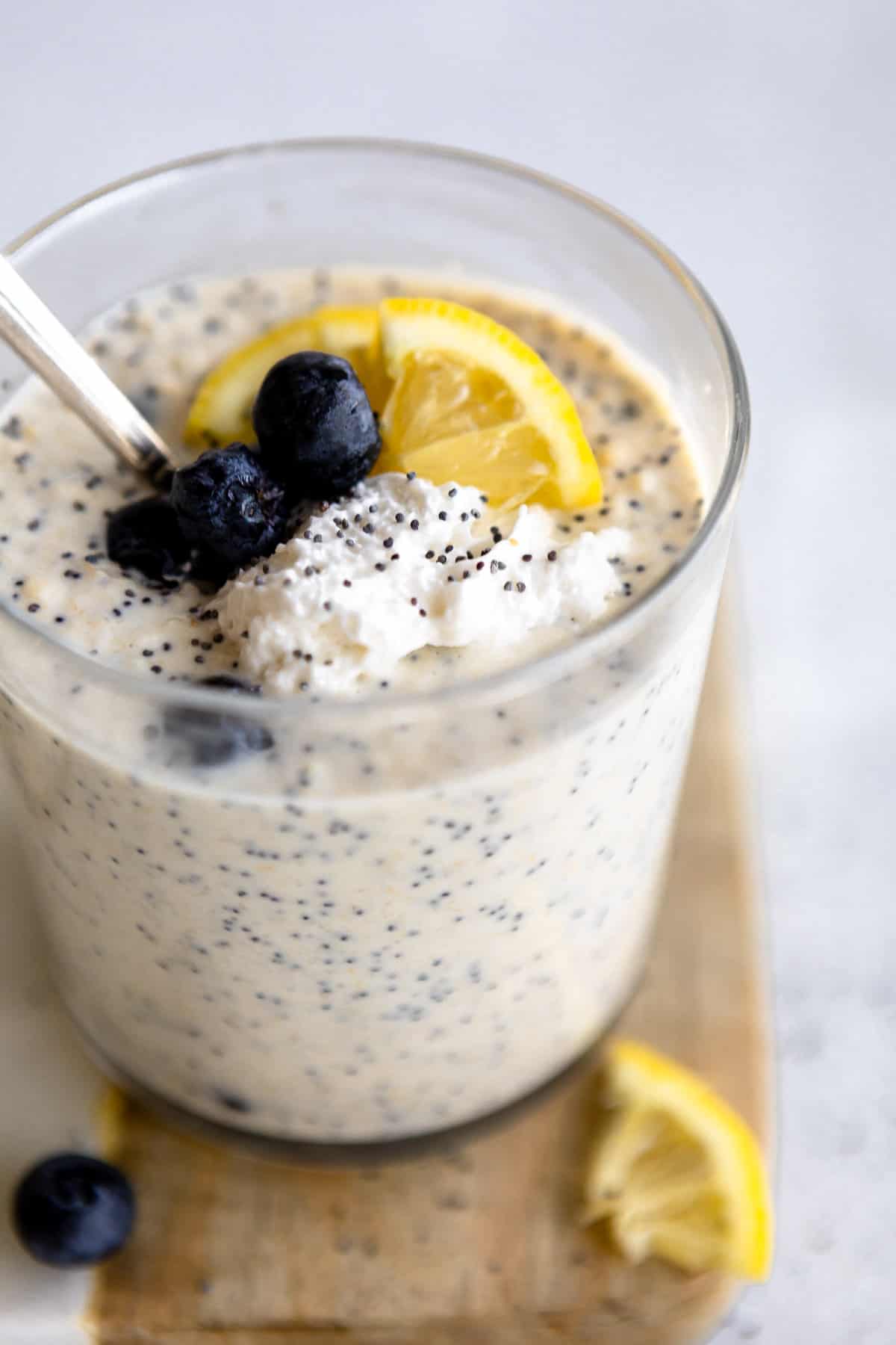 angled view of the vegan overnight oats with lemon and blueberry