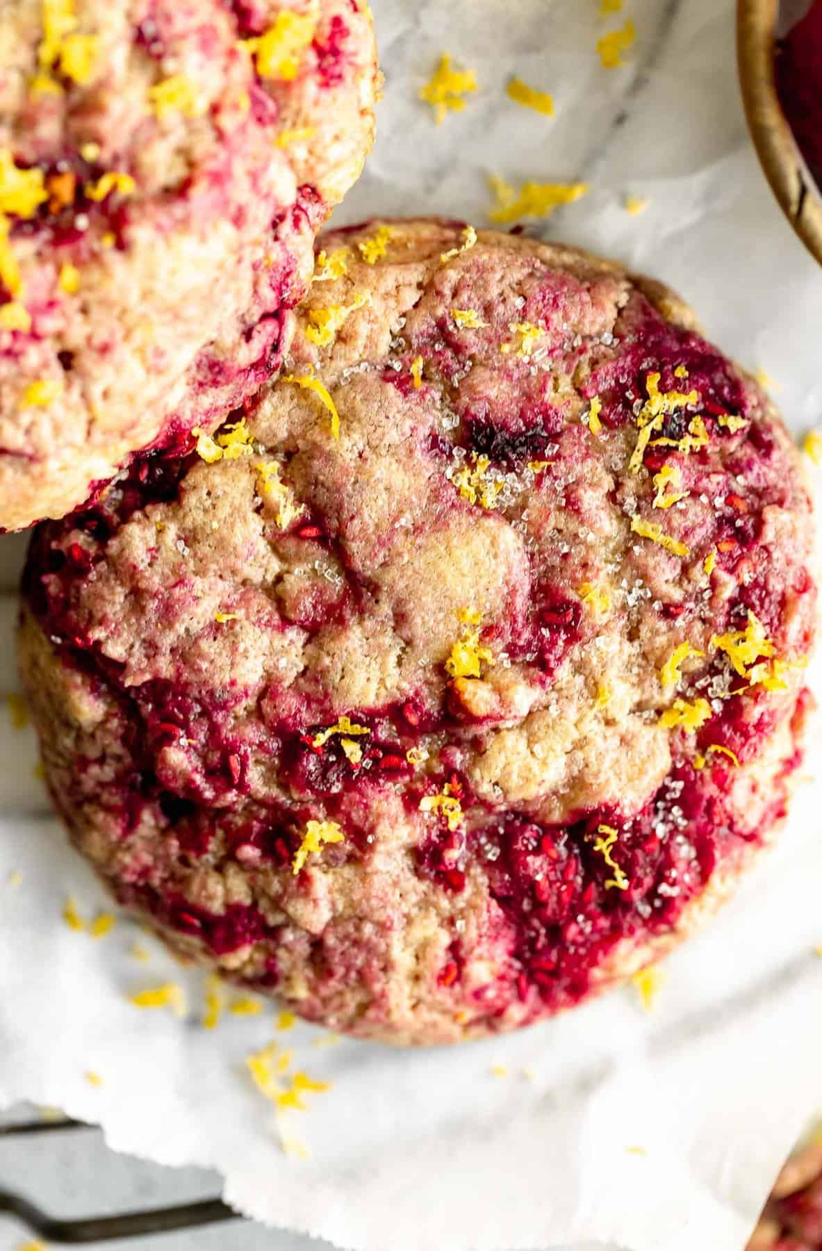 up close image of the lemon raspberry cookie with raspberry swirls