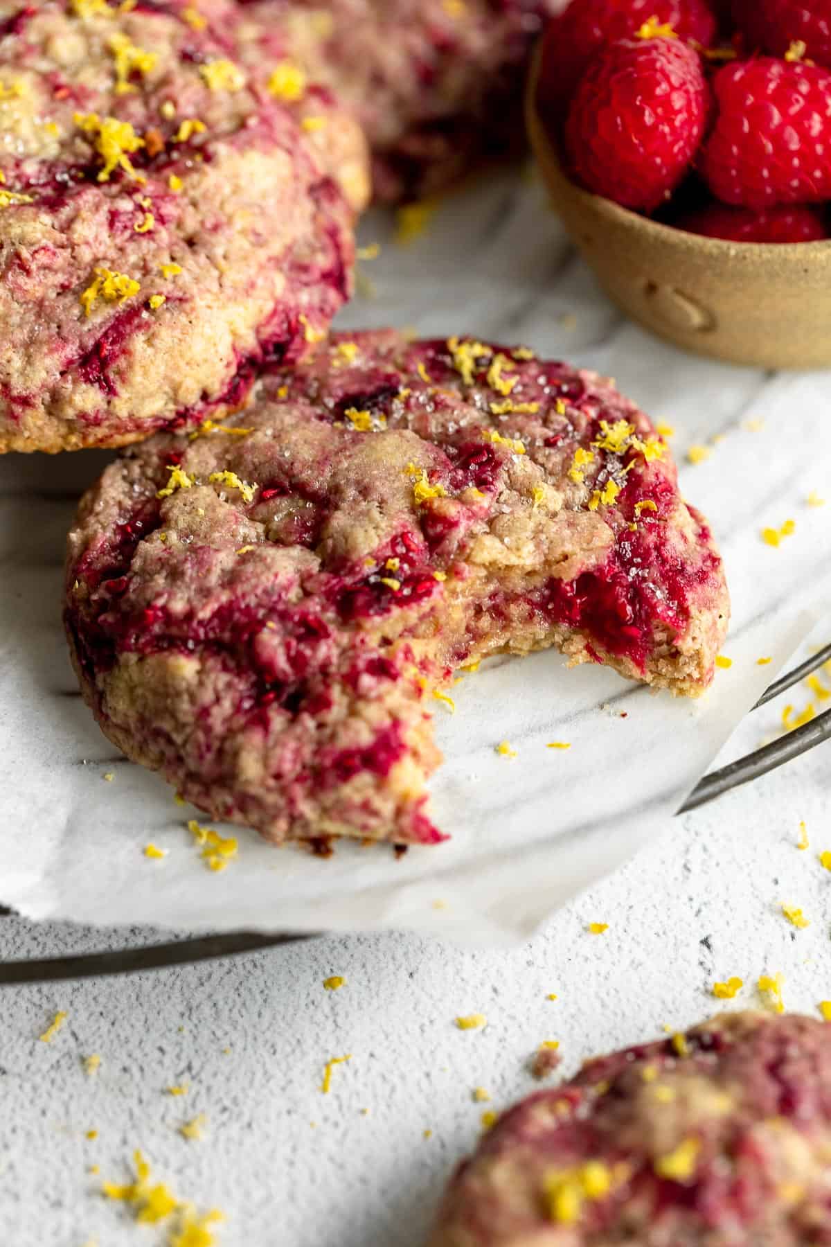 lemon raspberry cookie with a bite taken out