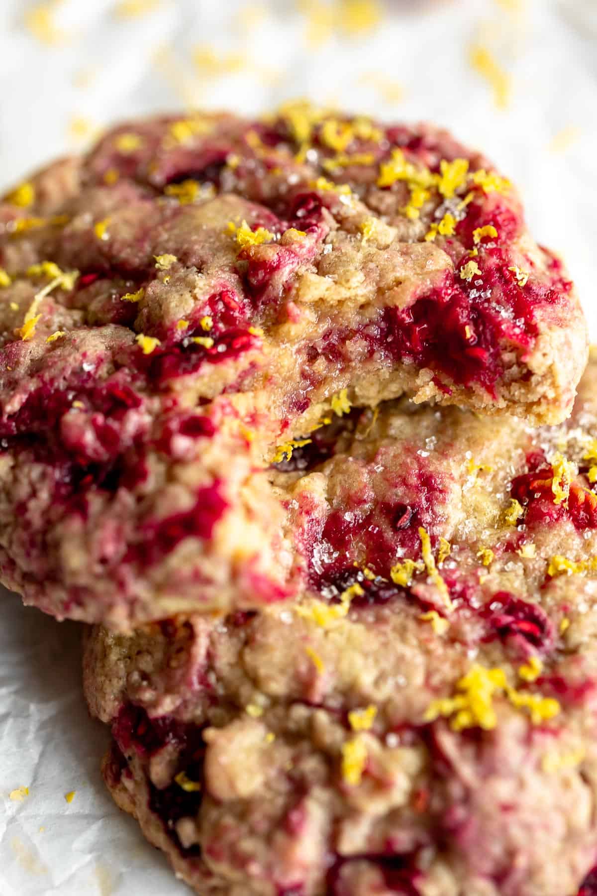 lemon raspberry cookies with a bite taken out