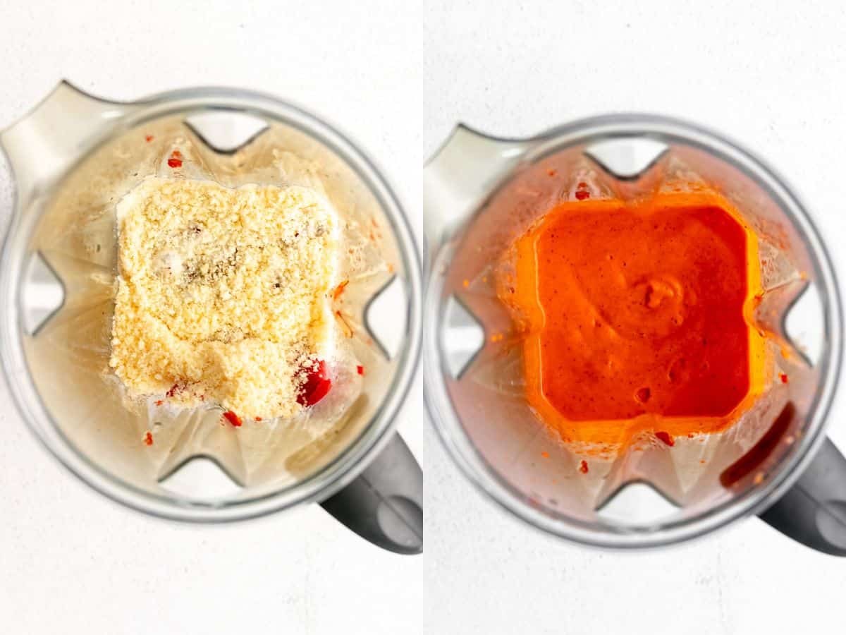 two images of the sauce in a blender