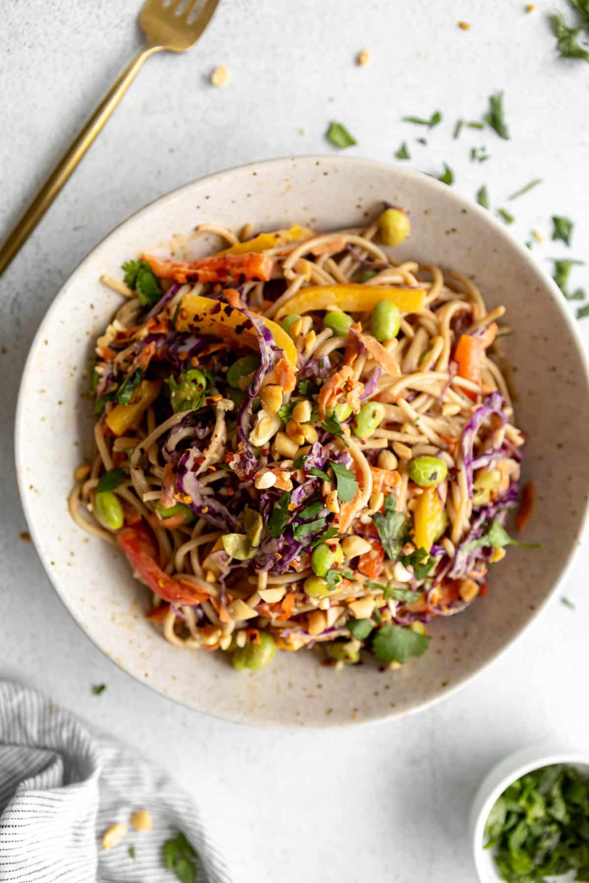 vegan thai noodle salad with veggies and peanuts on top