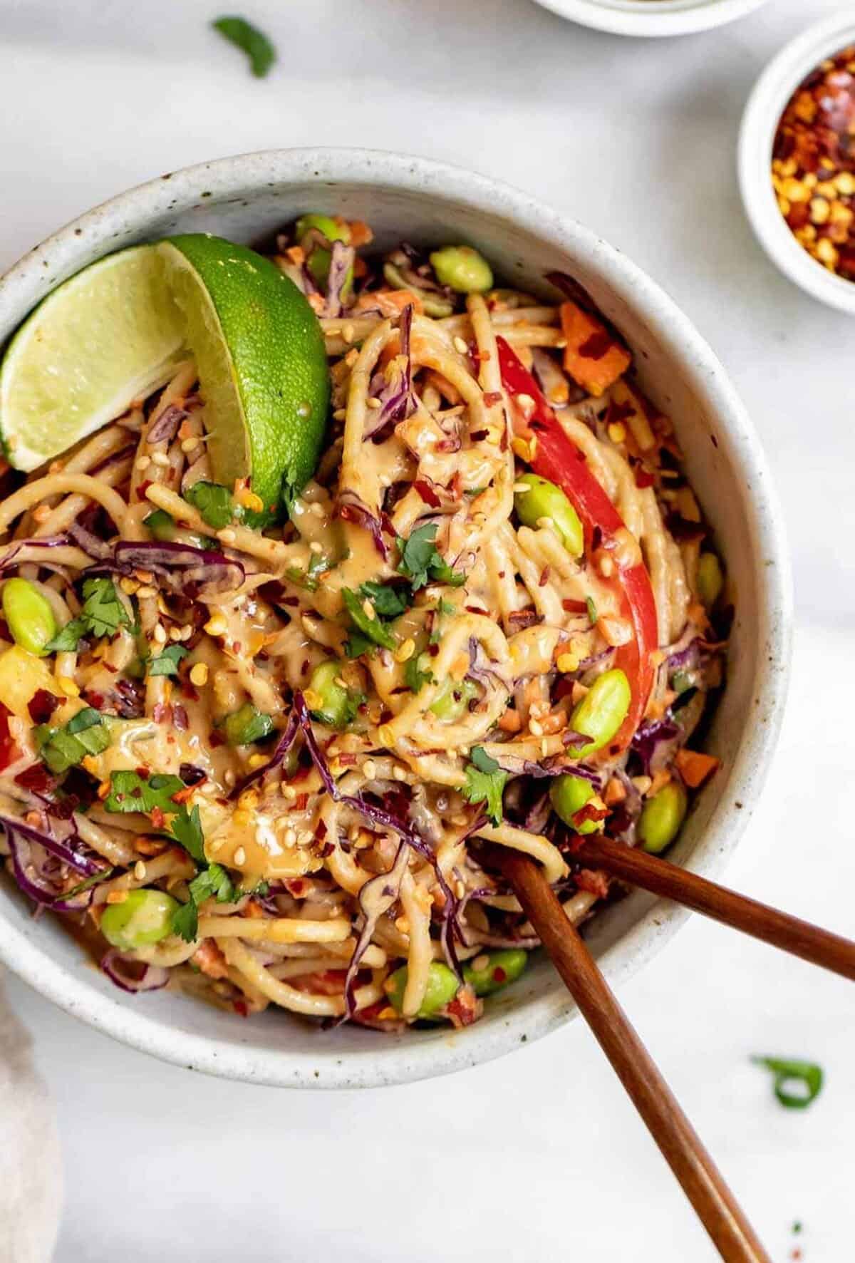 small bowl of the vegan thai noodle salad with fresh lime juice
