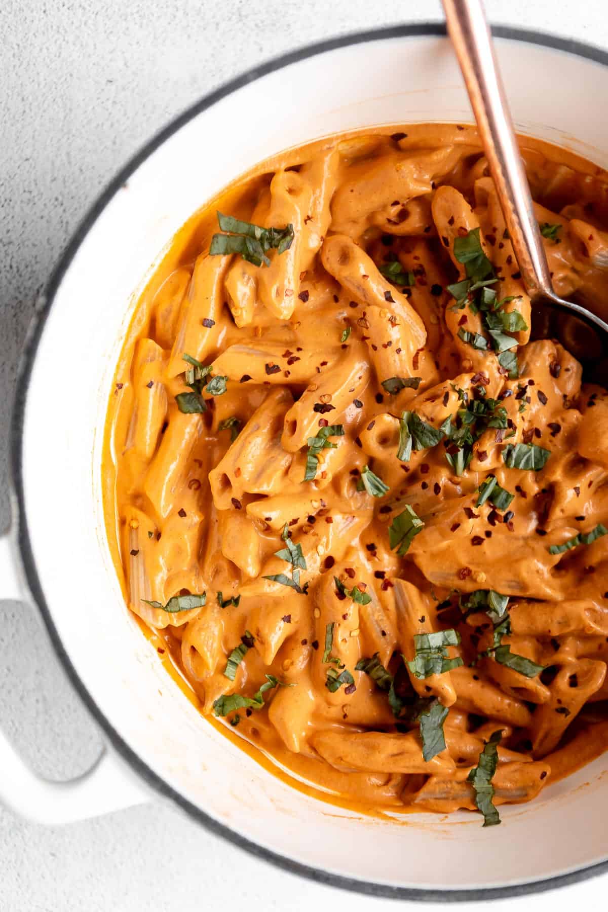tahini pasta with penne in a pot 