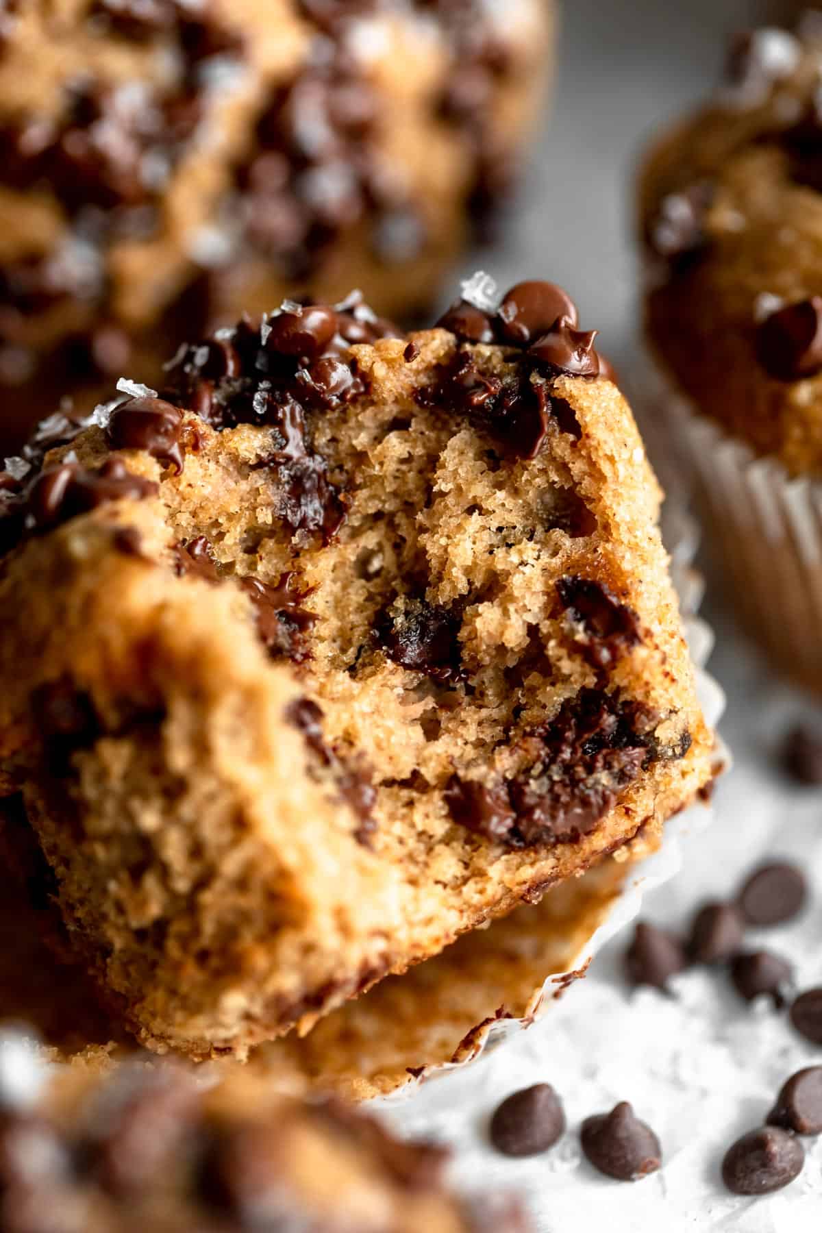 gluten free banana chocolate chip muffins with a bite taken out