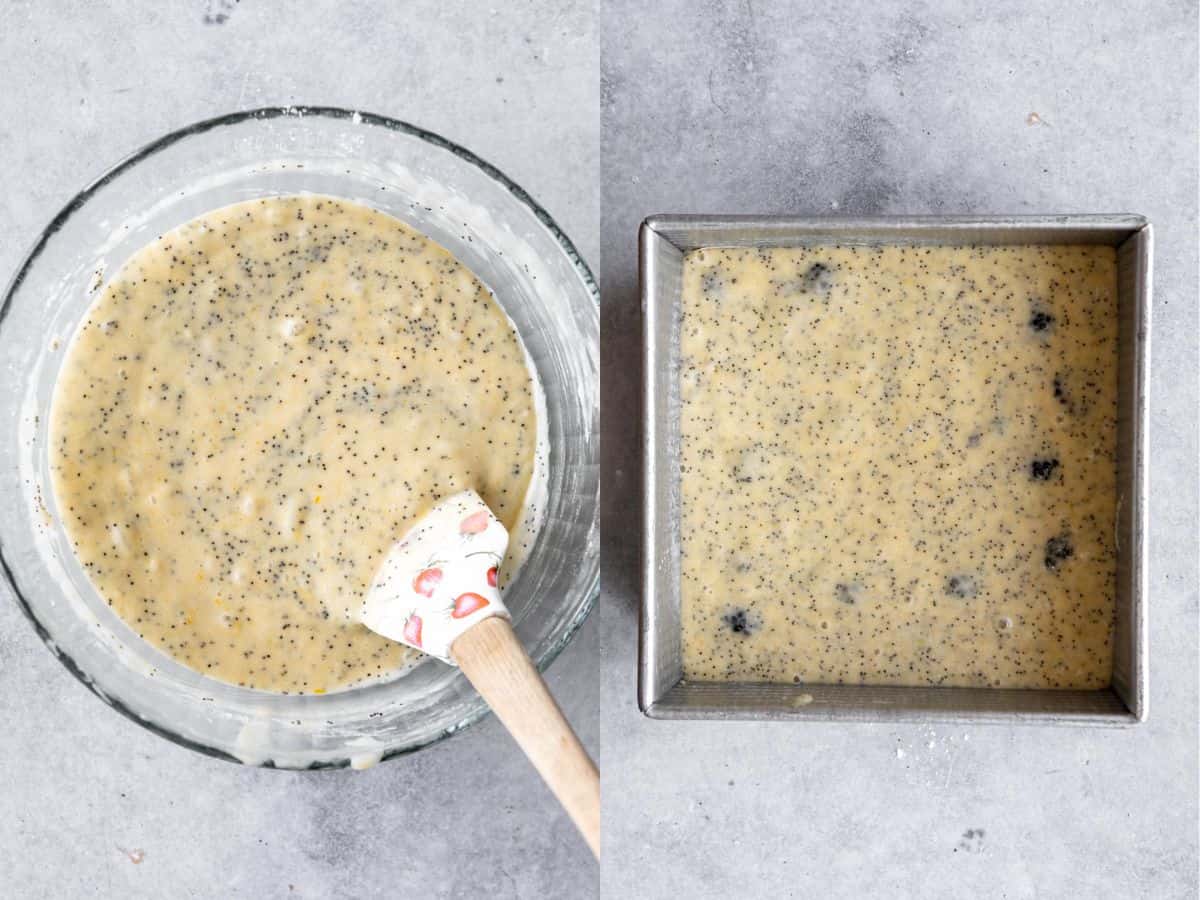 two images showing the cake batter