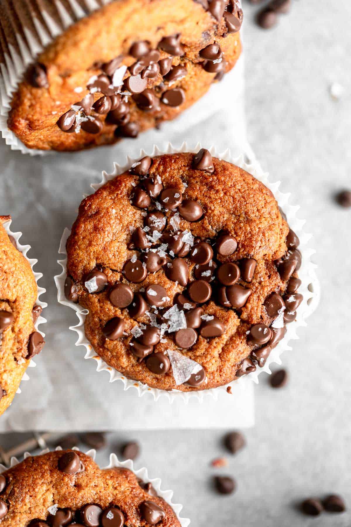 chocolate chips on top of the almond flour banana muffin