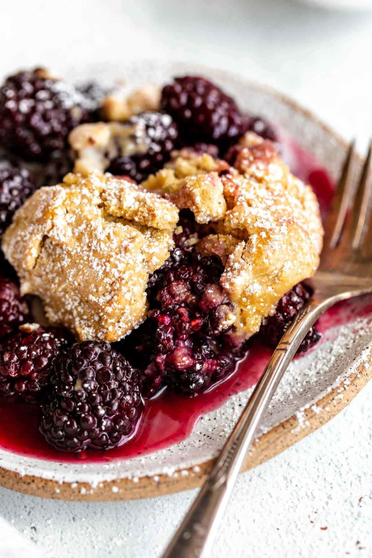 gluten  free cobbler on a plate with a fork on the side