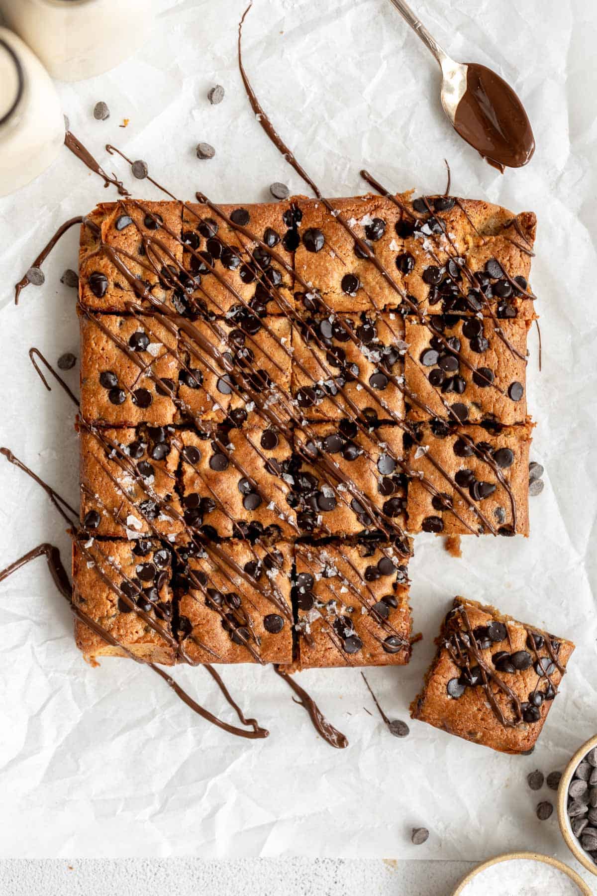 gluten free blondies with chocolate drizzled on top