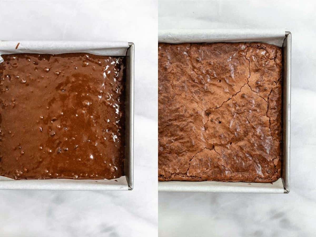 Brownies in a pan after baking