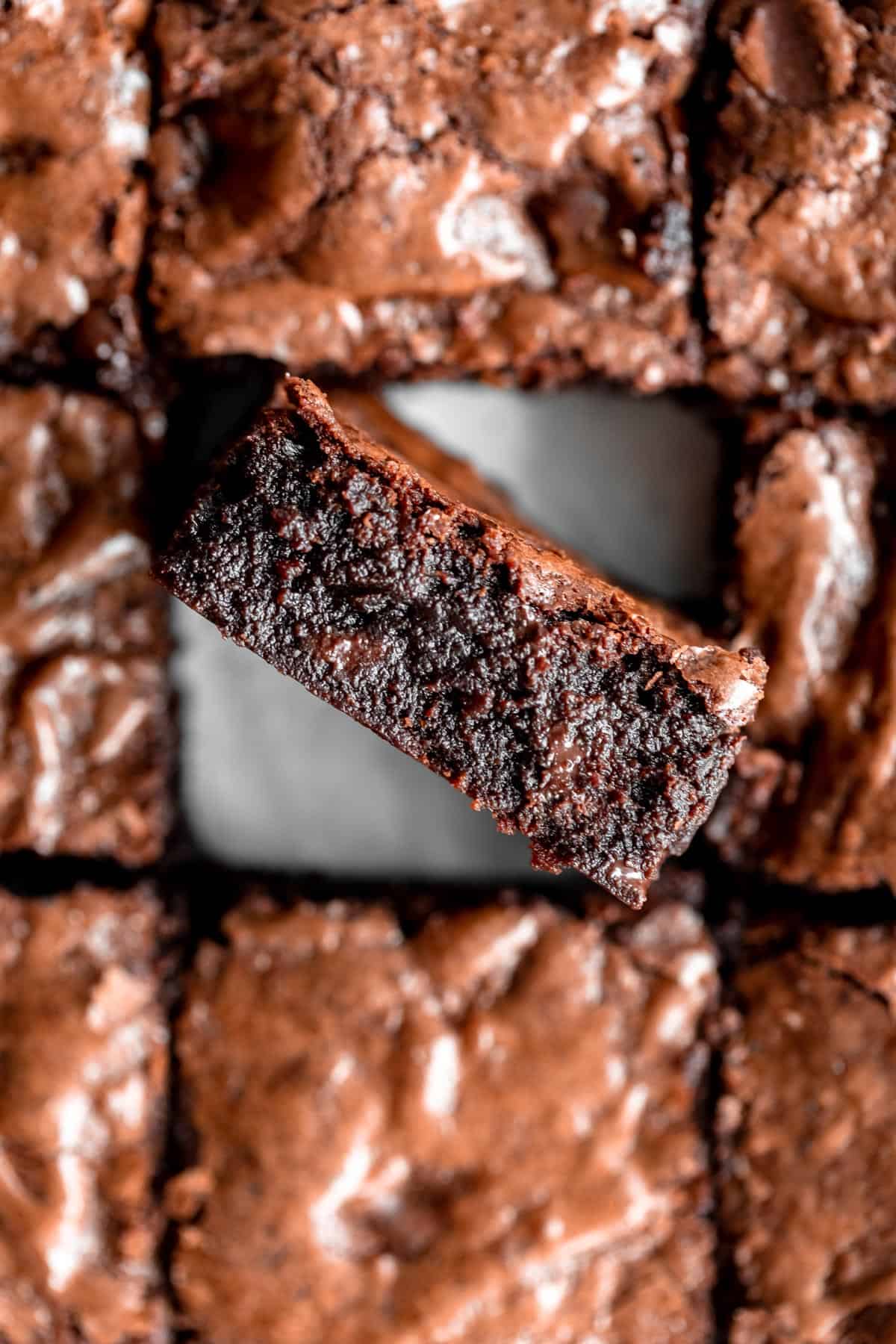 gluten free brownies sliced in squares to show fudgy texture
