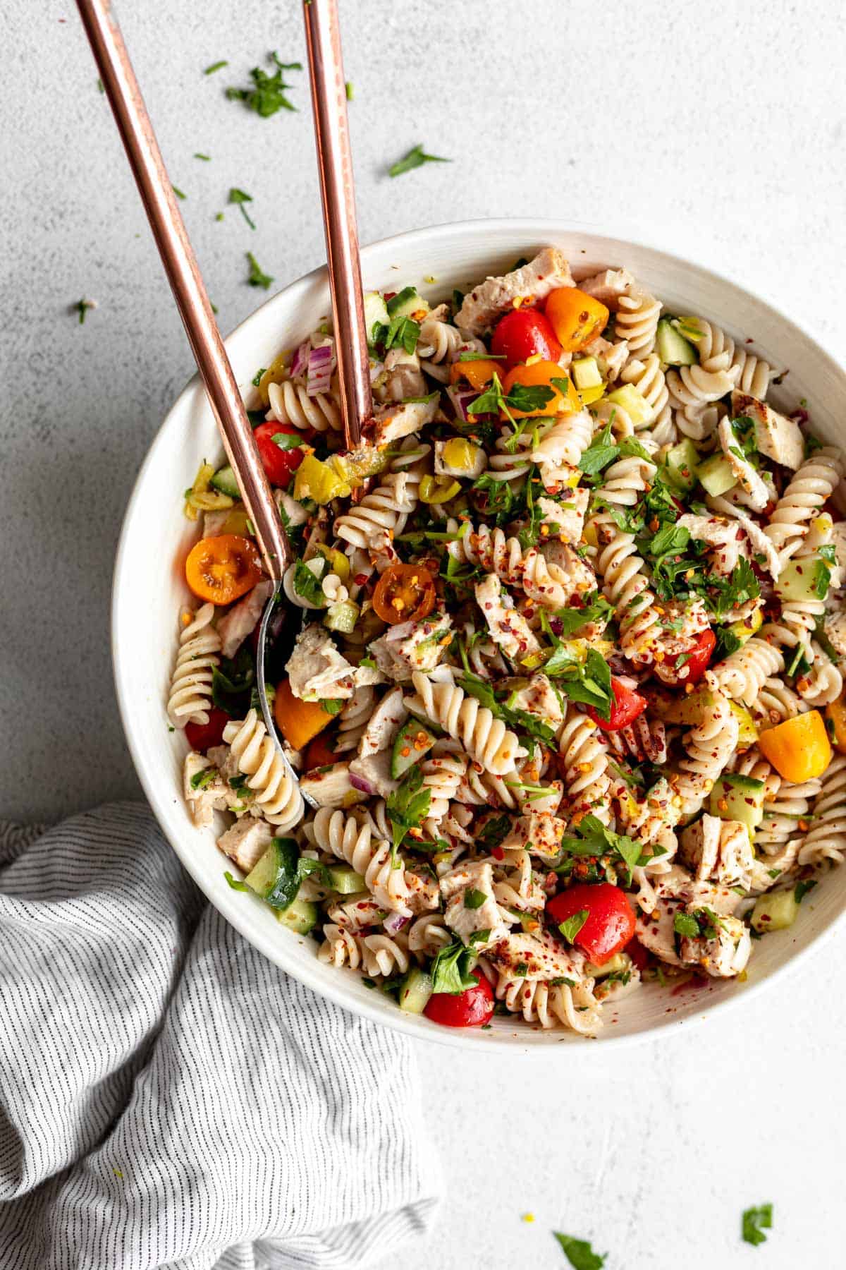 gluten free pasta salad in a large bowl with chicken