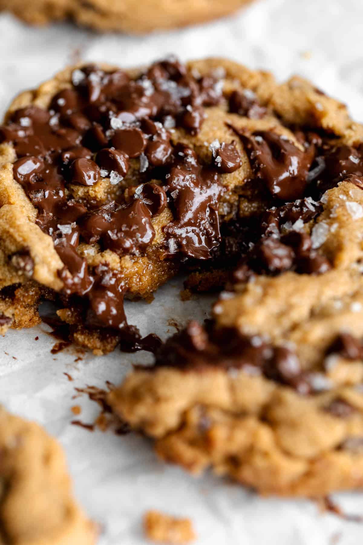 gluten free peanut butter chocolate chip cookie ripped in half to show melted chocolate
