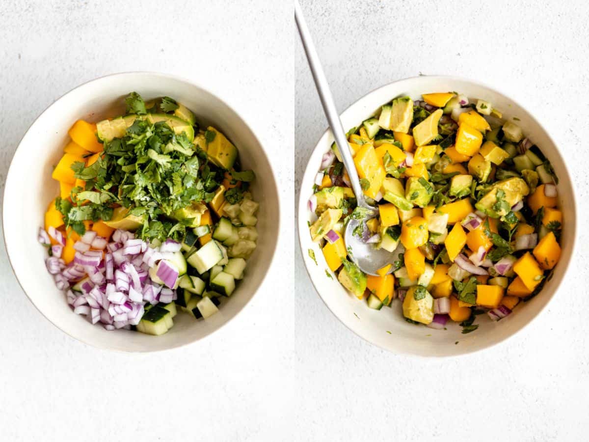 two images showing how to make the mango salsa