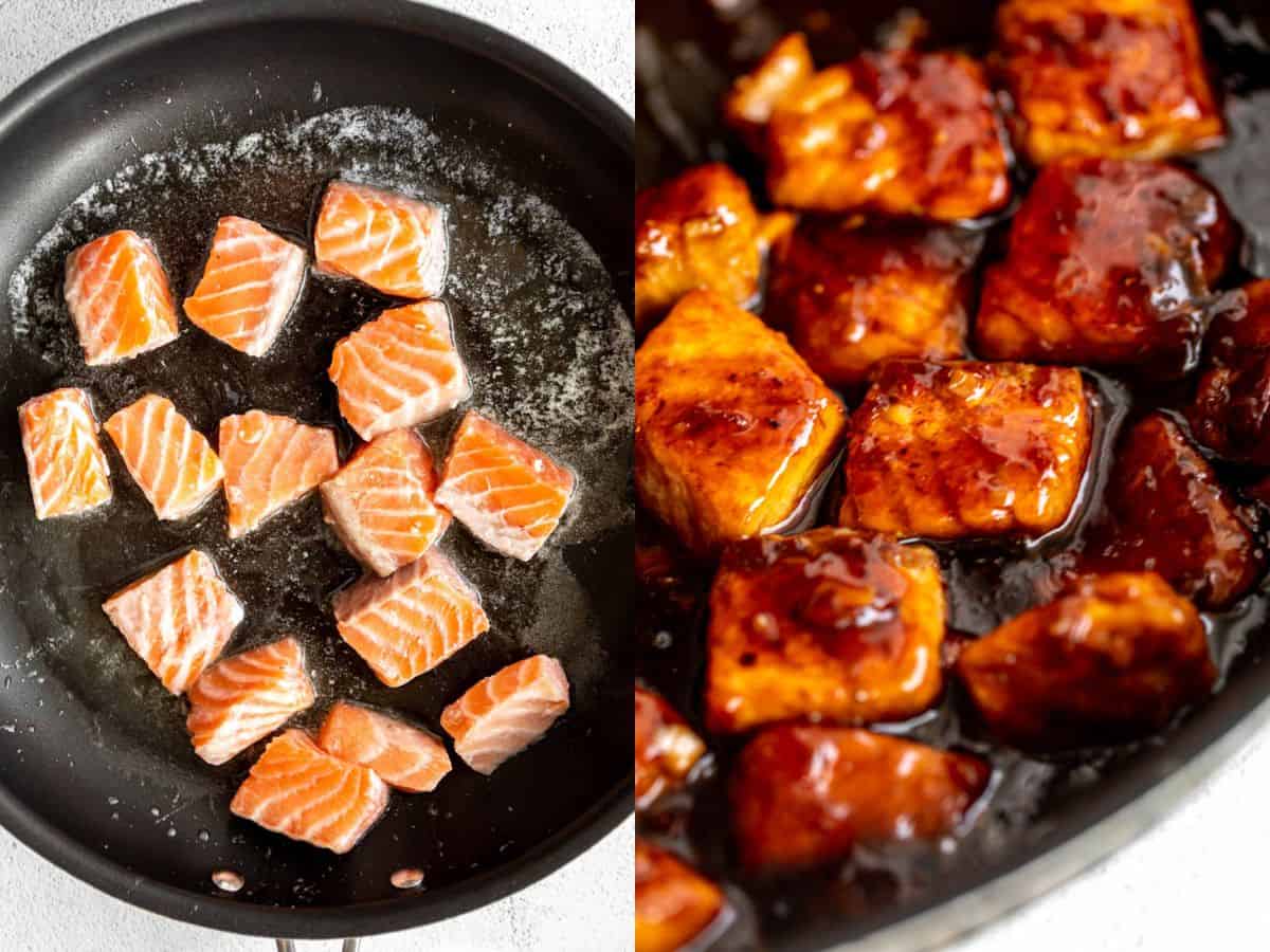 two images showing the salmon bites cooking