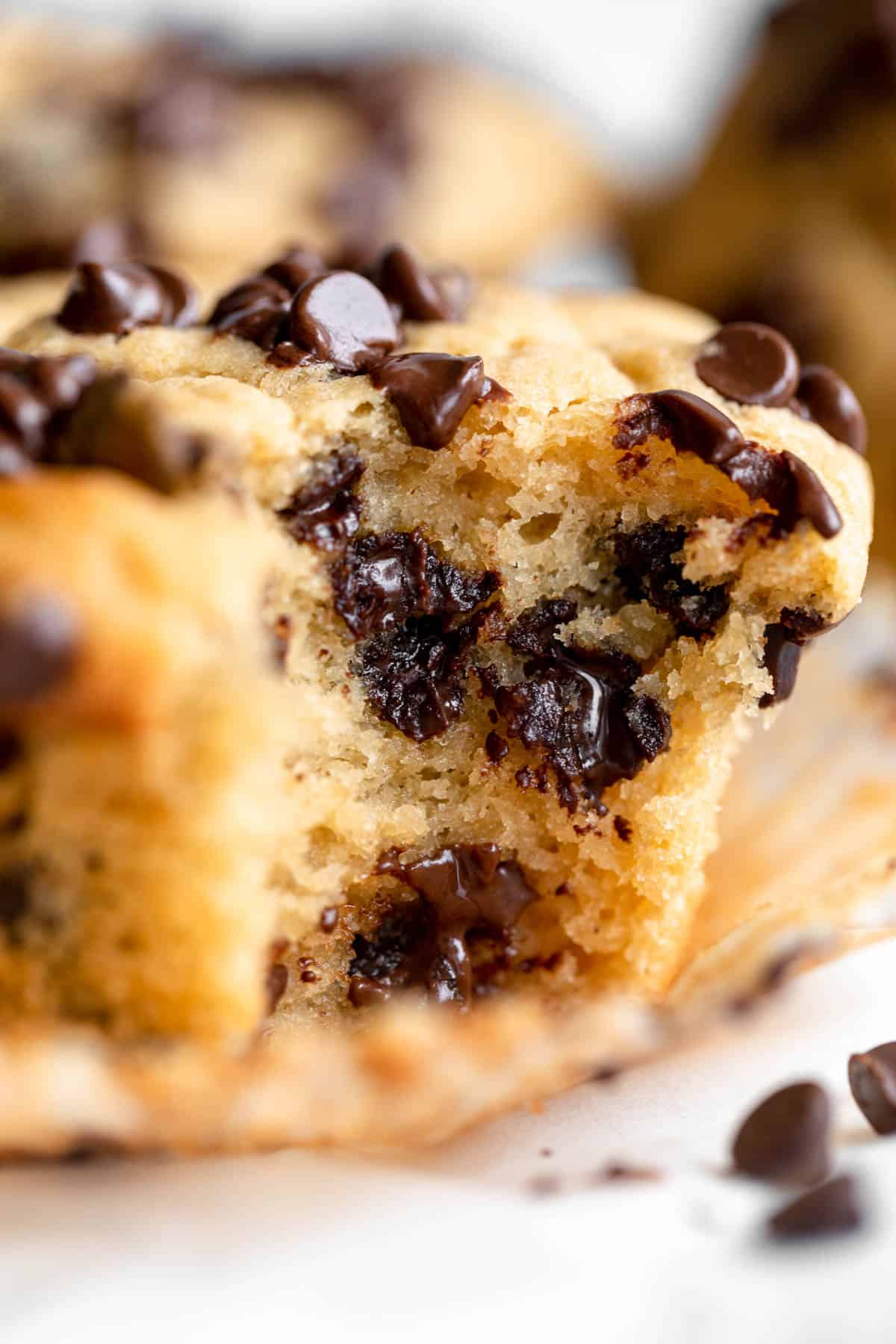 up close of one gluten free muffin with melted chocolate chips
