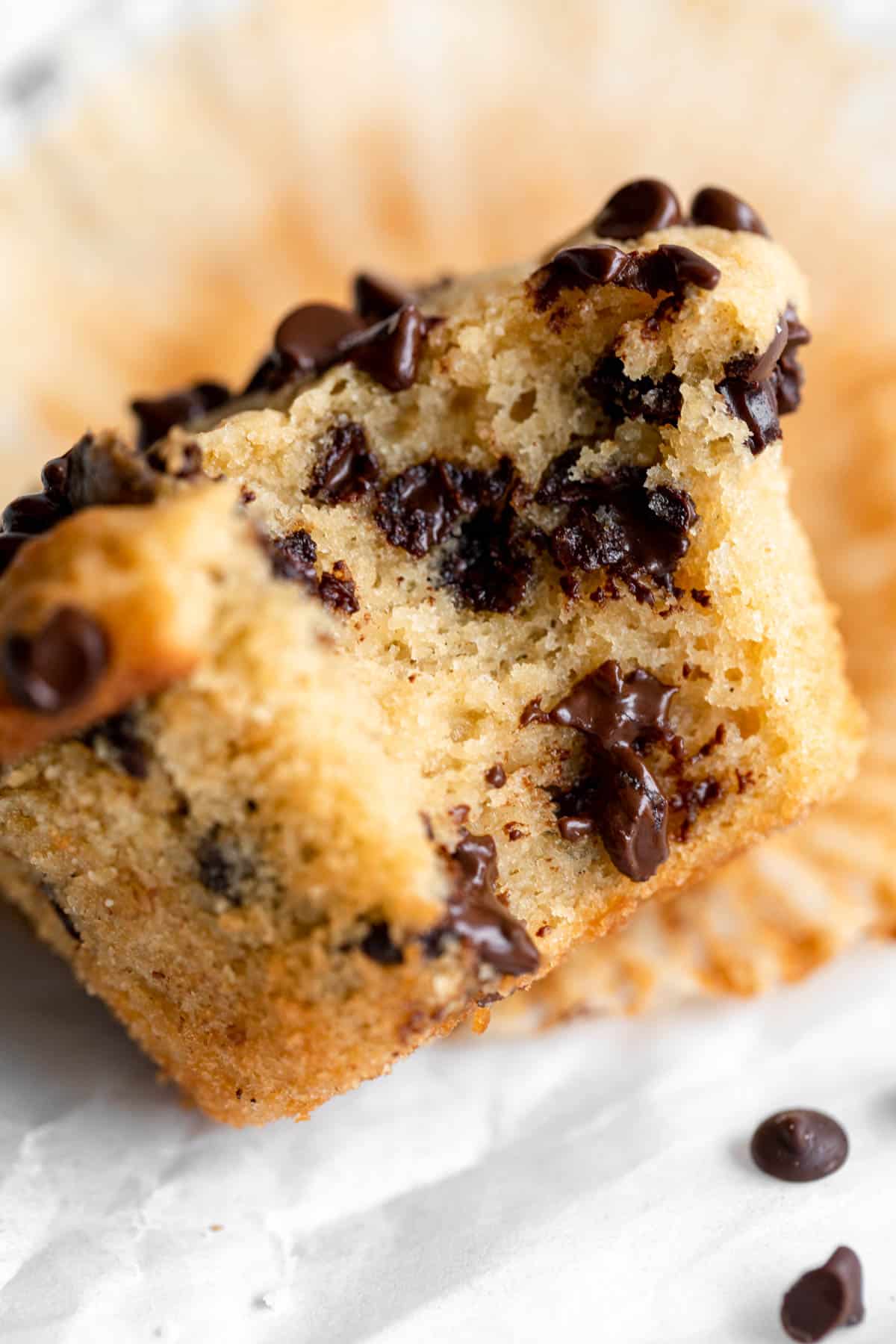 gluten free chocolate chip muffins with a bite taken out